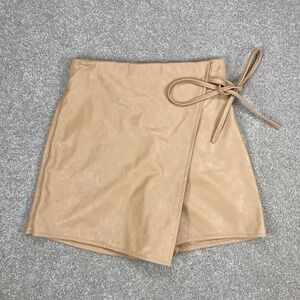 Zara Faux Leather Wrap Skort Womens XS Beige Side Tie Fleece Lined Mini Skirt